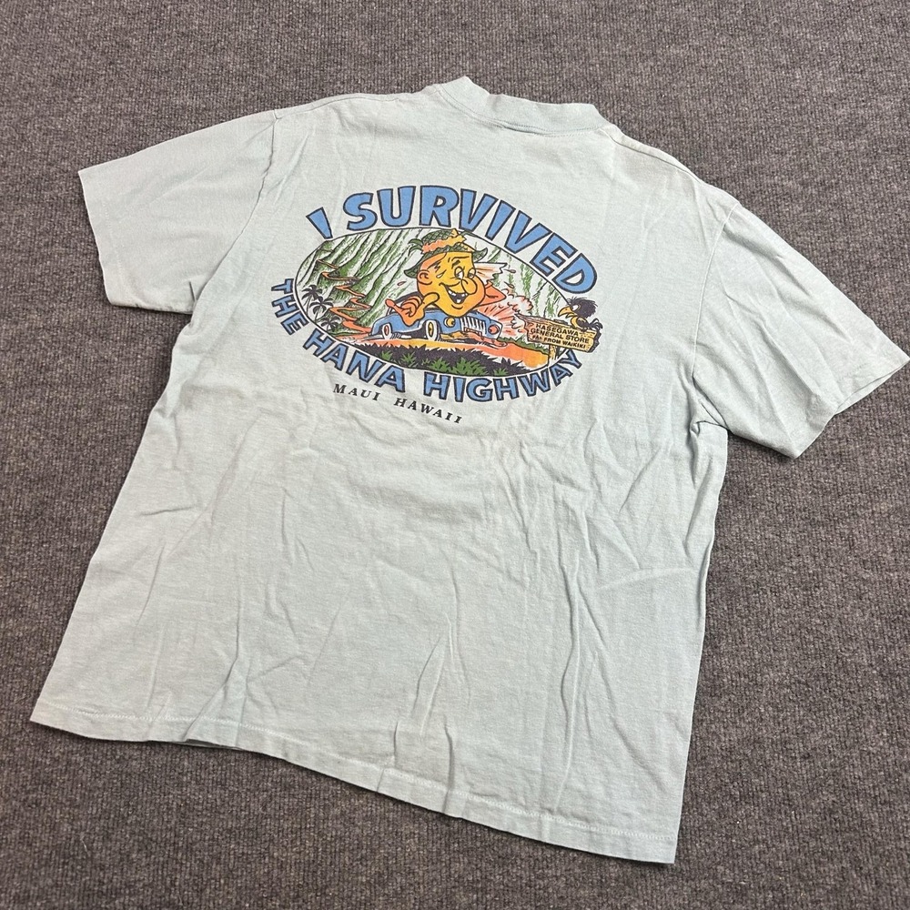 Vintage Stedman Shirt Mens Large Blue I Survived Hana Highway Maui Graphic 80s